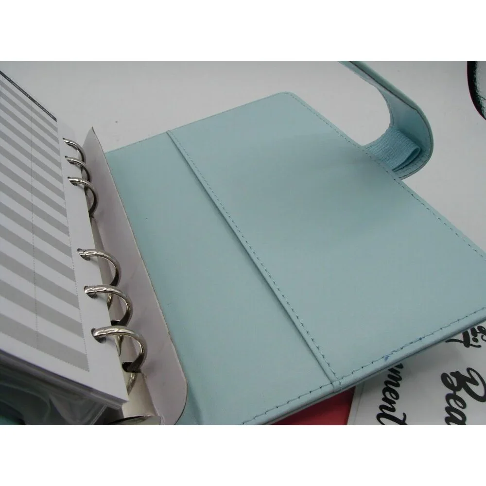 NEW Blue Leather 6 Ring Planner Organizer Zipper Envelope Budget Tab Stickers